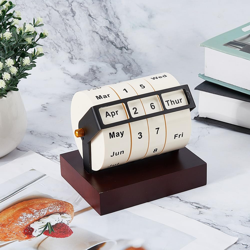 DICOSMETIC Wooden Rotating Perpetual Calendar Wood Creative Calendar Gift Month Week Day Date Display Desk Date Display for Home Office Decorations, 11.9x9.4x10.7cm