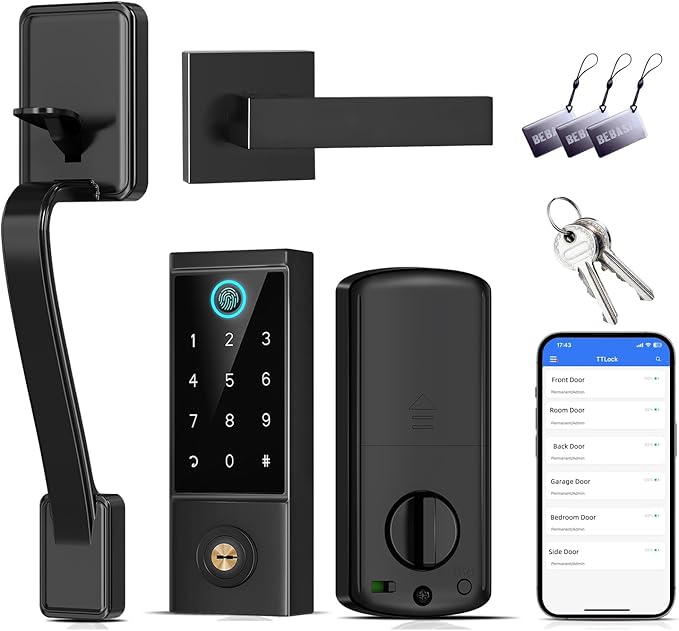 BEBASIA Heavy Duty Fingerprint Smart Door Lock for Front Door, APP Control Front Door Lock Sets, Auto Lock, Anti-Peeping Touchscreen Digital Keypad, Electronic Keyless Entry Deadbolt, Black