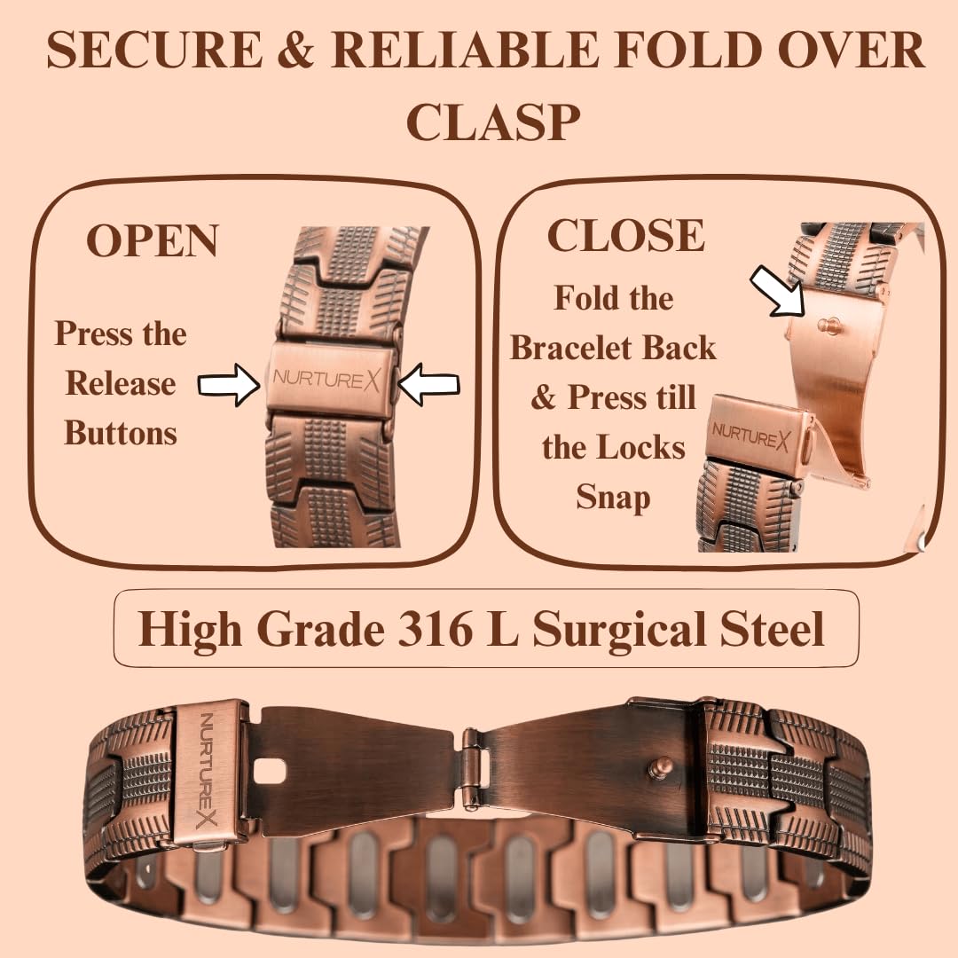 NurtureX 10K Therapeutic Pure Copper Magnetic Bracelet for Men, Ultra Powerful Gauss Adjustable Magnet Therapy Bracelet with Fold Over Clasp, Includes Sizing Tool, Extra Link Pins, Cleaning Cloth, Best Gift for Men - (Bioflow MAX)