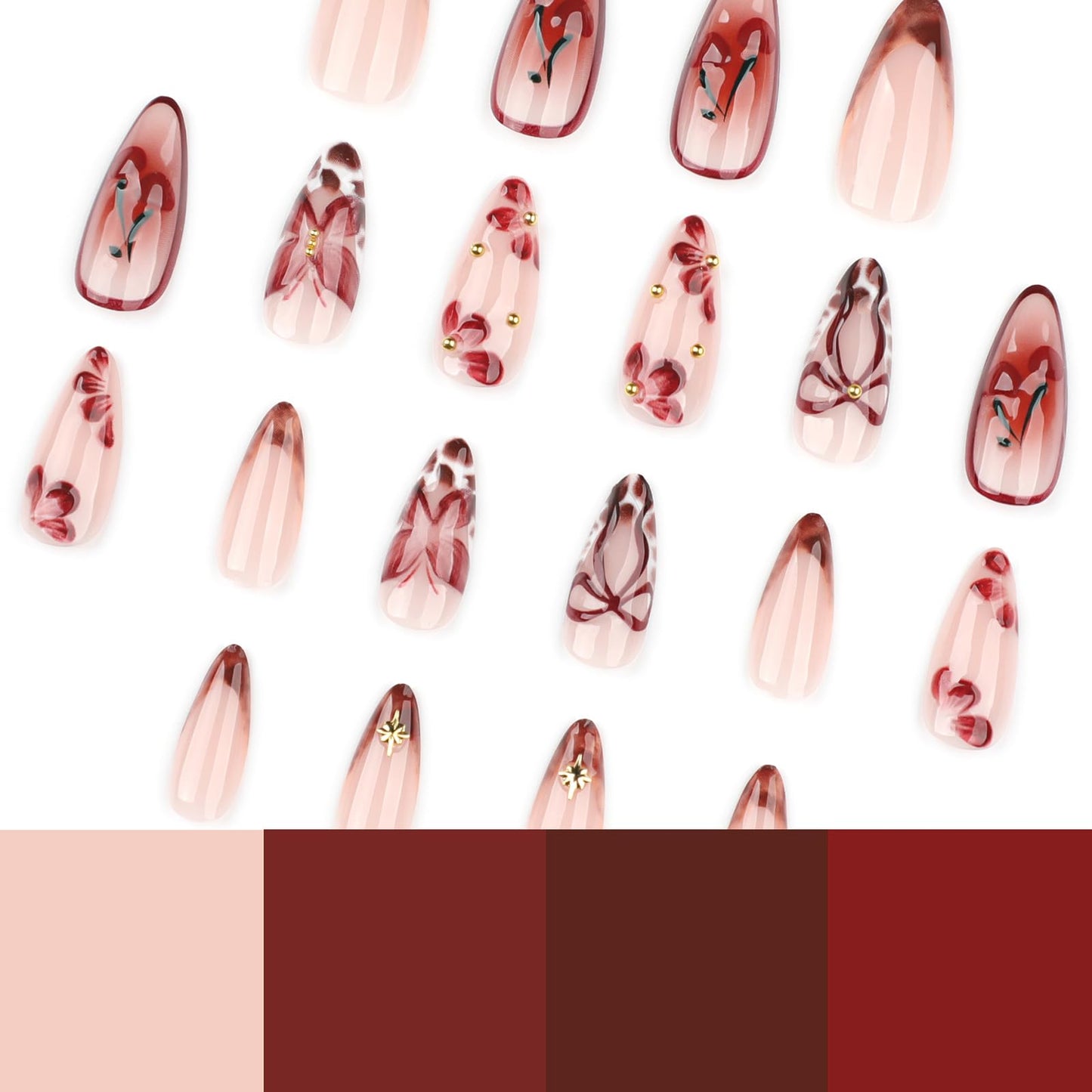MISUD Press on Nails - Medium Almond Glue on Nails with Fall Brown, Acrylic Autumn Flower Design 24 pcs