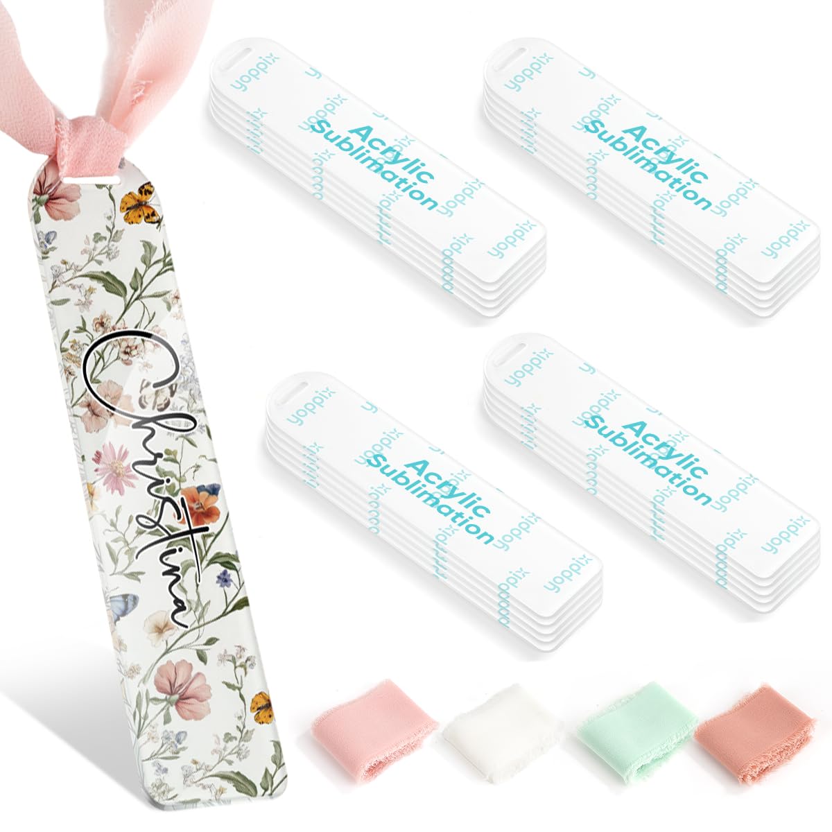 YOPPIX 40 Pcs Sublimation Acrylic Bookmark Blank kit, with 20 Ribbons for Heat Transfer Bookmarks Wedding Table Decorations, Christmas Tree Decor, Reading Lovers DIY Crafts Presents