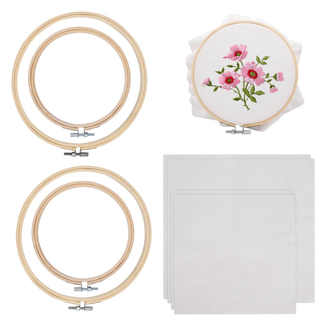 4 PCS Embroidery Fabric with Frame 2 Sizes, 4 Bamboo Embroidery Hoops and 4 Pre-Cut White Cotton Fabric Squares, Cross Stitch Hoops and Frames, for Art Craft Sewing