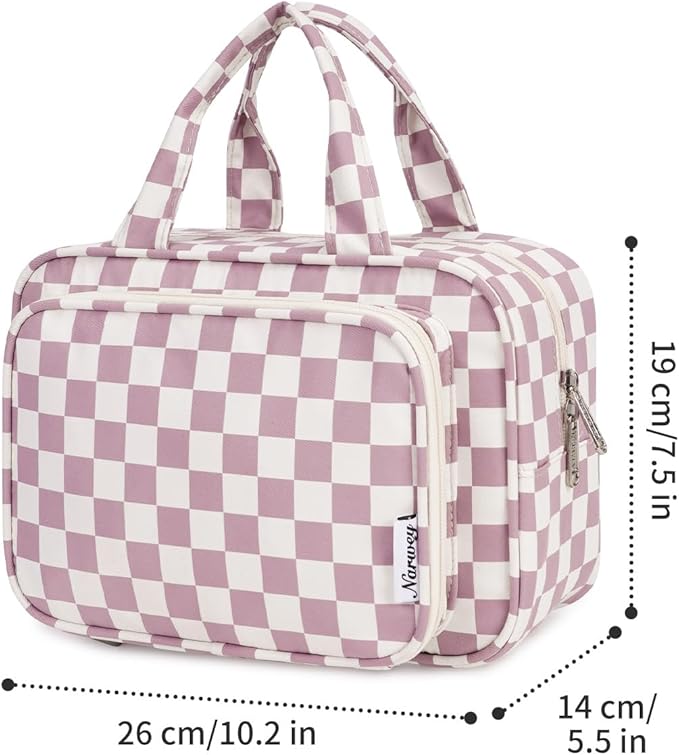 Narwey Large Travel Toiletry Bag for Traveling Women, Cosmetic Makeup Bag Make Up Organizer, Checkered Travel Bag for Toiletries with Handle (Dusty Rose Checkerboard)