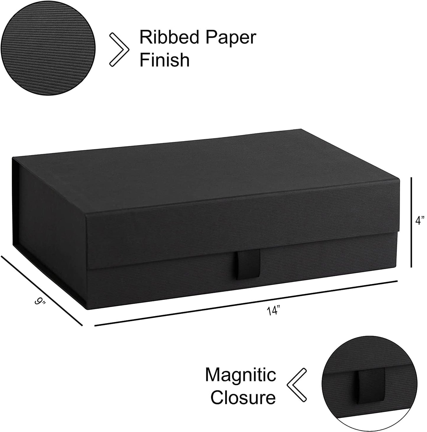 Purple Q Crafts Black Ribbed Hard Gift Box With Magnetic Closure Lid 14" x 9" x 4" Rectangle Favor Boxes With Classy Black Finish (5 Boxes)