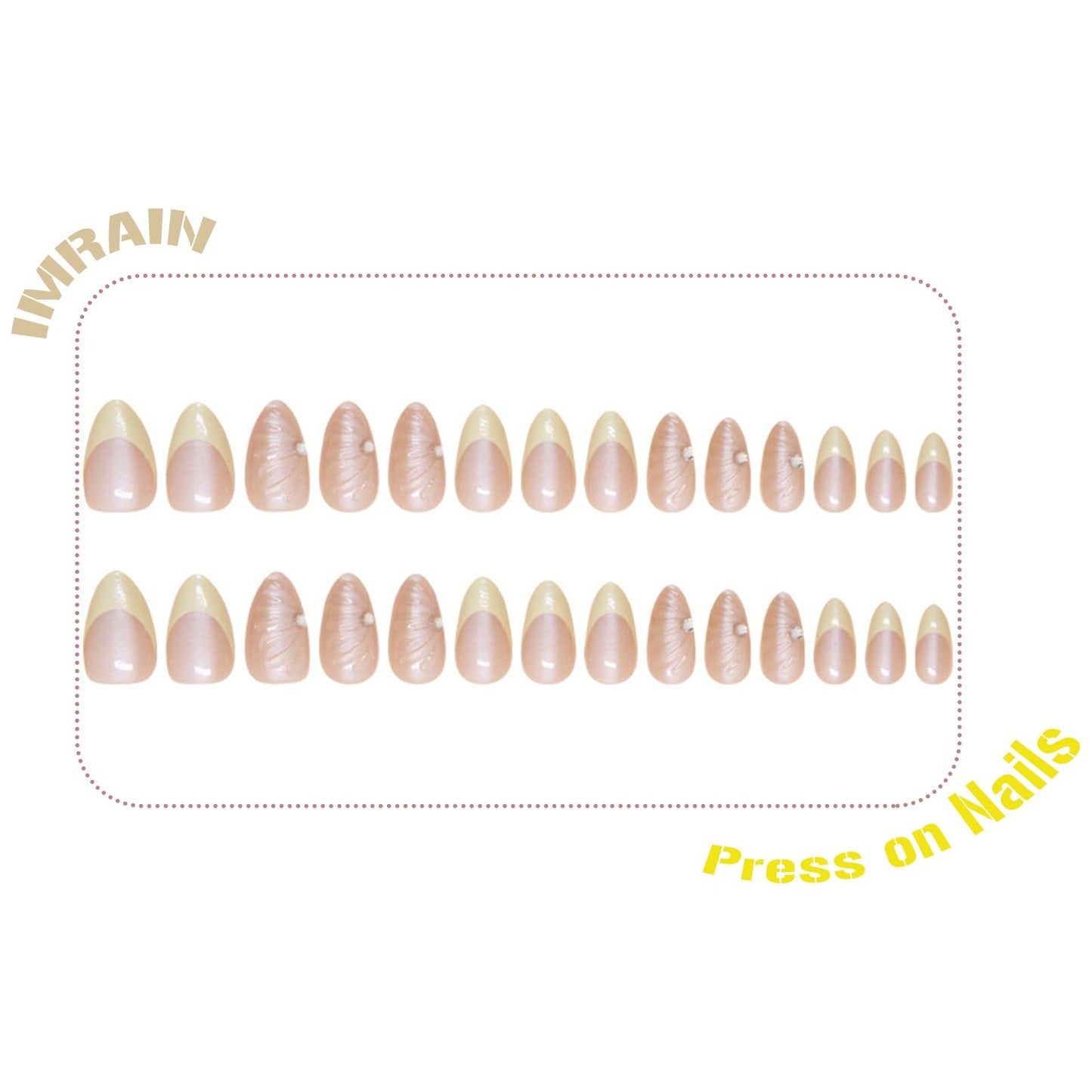 IMRAIN Chrome Press on Nails Medium Almond Fake Nails Yellow French Tips Glue on Full Cover 3D Shell & Rhinestone False Nails Cute Nude Artificial Nails - 24Pcs