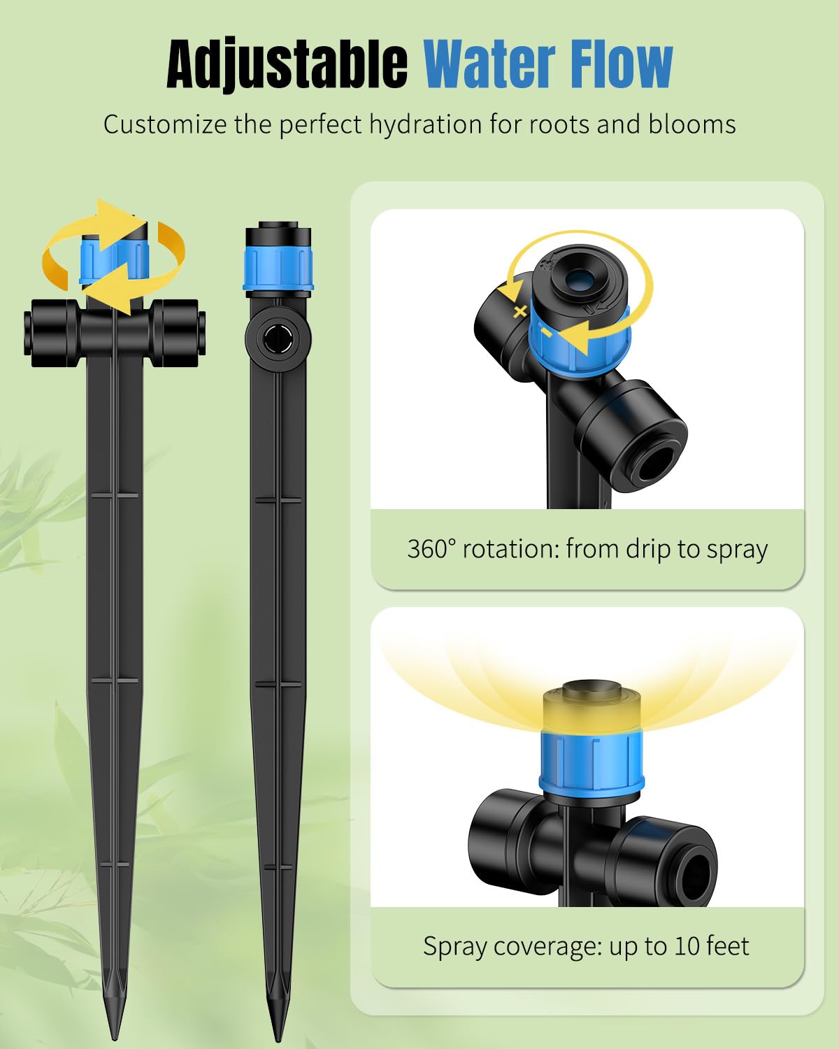 Pawfly 30 Pcs Push-to-Fit Drip Irrigation Emitters for 1/4 Inch Tubing, Two-Way Connection Irrigation Drippers with Adjustable 360 Degree Water Flow, Drip Emitters Sprayers with Stake & End Plugs