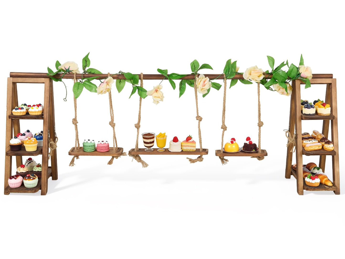 3 Tier Wooden Cupcake Stand with Swing & Flower Decor, Dessert Table Display Set with Removable Trays for Cake Fruit Snack Bread, Rustic Foldable Ladder Stand for Party, Birthday, Wedding & Events