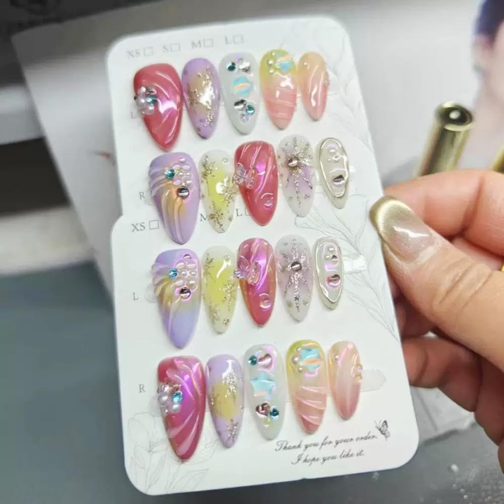 100% 5D Handmade Press on Nails with Charms Medium Almond Nails Press ons- Rhinestones Waterdrop Shell False Nails Glitter Star Press on Nails Ombre Summer Fake Nails for Women DIY Manicure Size M