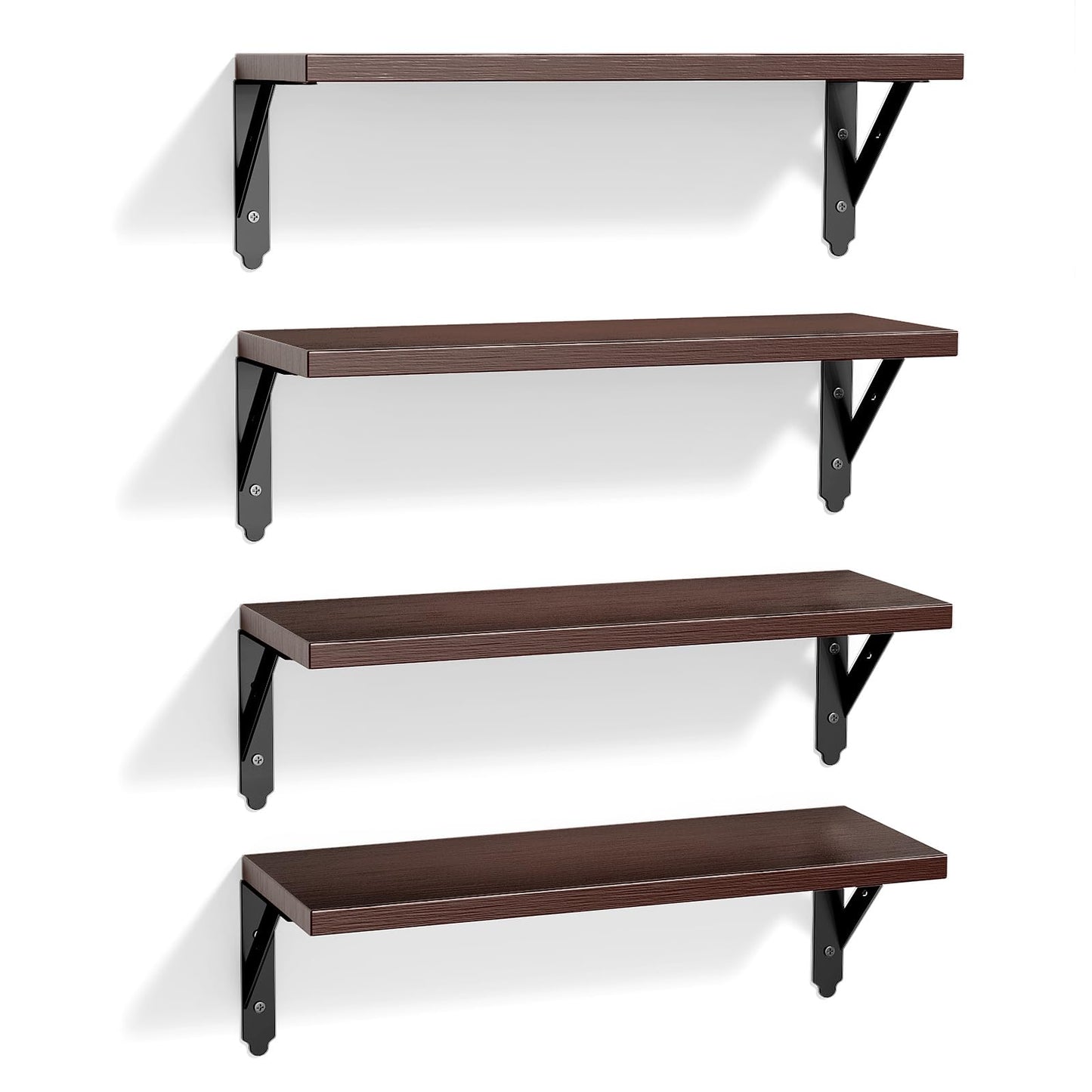 ROMGUAR CRAFT Wood Floating Shelves Set of 4, Rustic Storage Decor Wall Shelves, Wall Mounted Shelf for Living Room, Bedroom 17" x 6", Brown