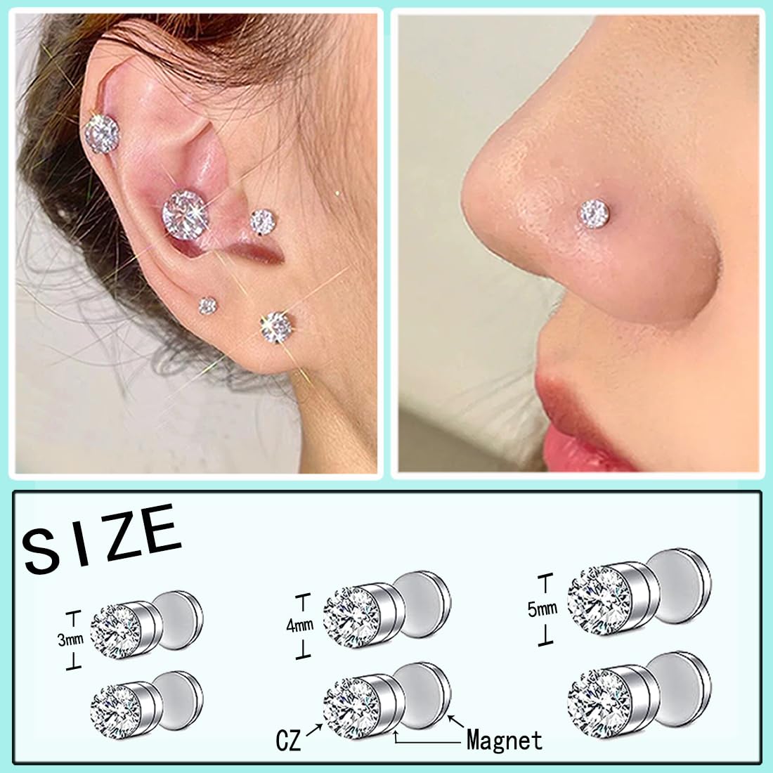 VitaCool Fake Nose Ring Stud Magnetic Nose Ring stud Earrings Faux fake Non-Piercing Magnetic Ear Stud Jewelry for Women Men (3T-Style C)