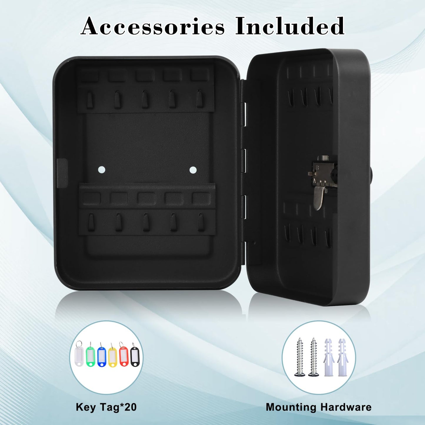 KYODOLED 20 Key Storage Lock Box with Code, Key Cabinet Organizer Wall Mount with Combination Lock, Hooks & Labels for Home, Office & Rental Properties, 7.87 x 6.3 x 3.14 in, Black