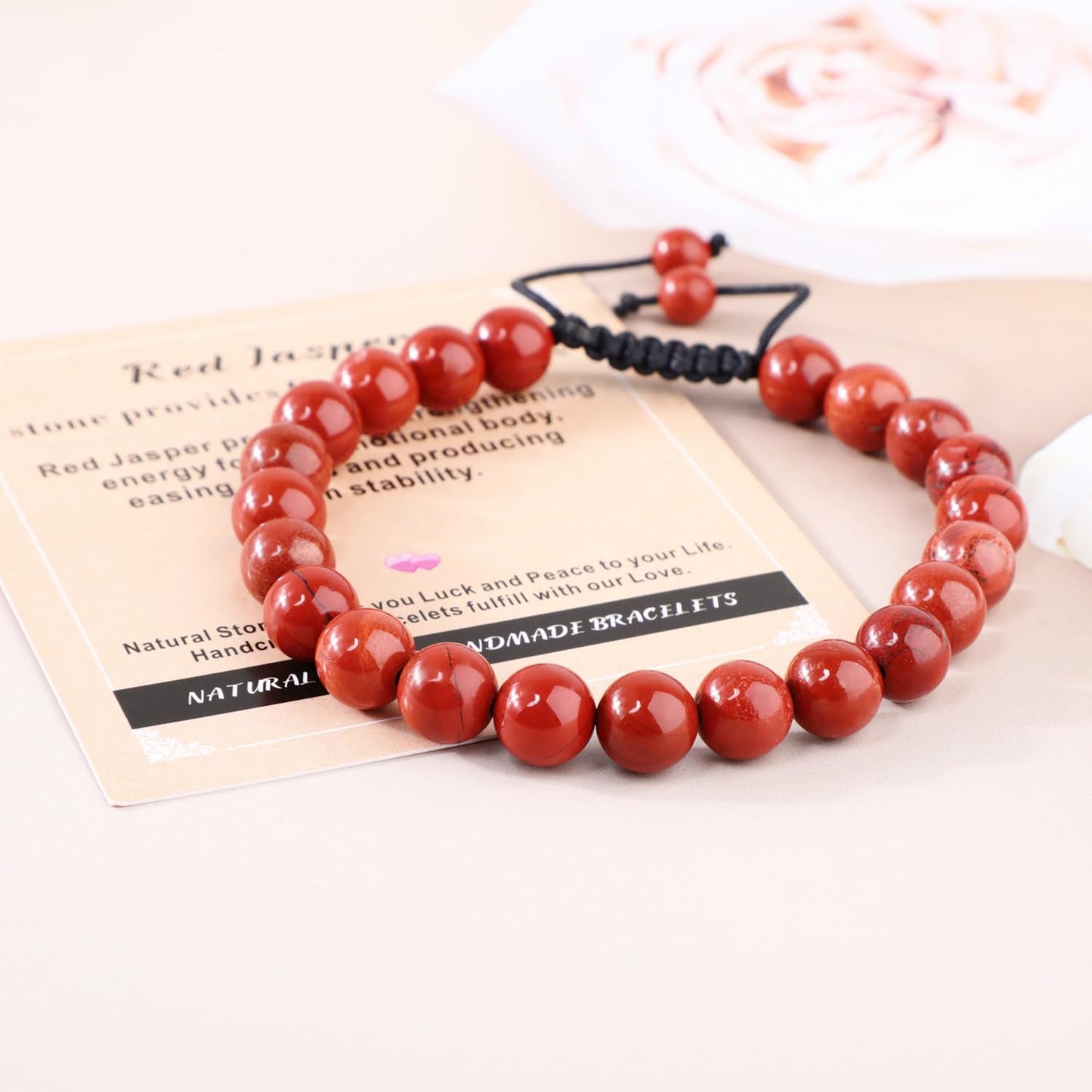 AD Beads 4mm Red Jasper - Stone Pepvodes Calming Effects - Handmade Natural Stone Crystal Bracelet with Adjustable Macrame String - Yoga Healing Power Energy Gifts for Men and Women