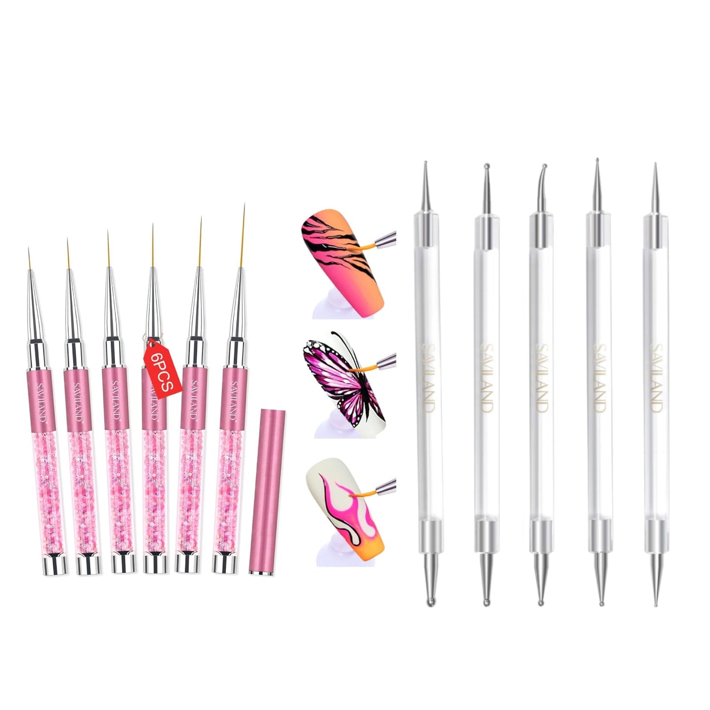 SAVILAND 6pcs Nail Art Liner Brushes & 5pcs Multi-Size Dotting Tools Set - Nail Brush Gel Polish Painting Nail Art Design Brushes Pen with Crushed Diamond Rhinestone Handle for Pulling Lines