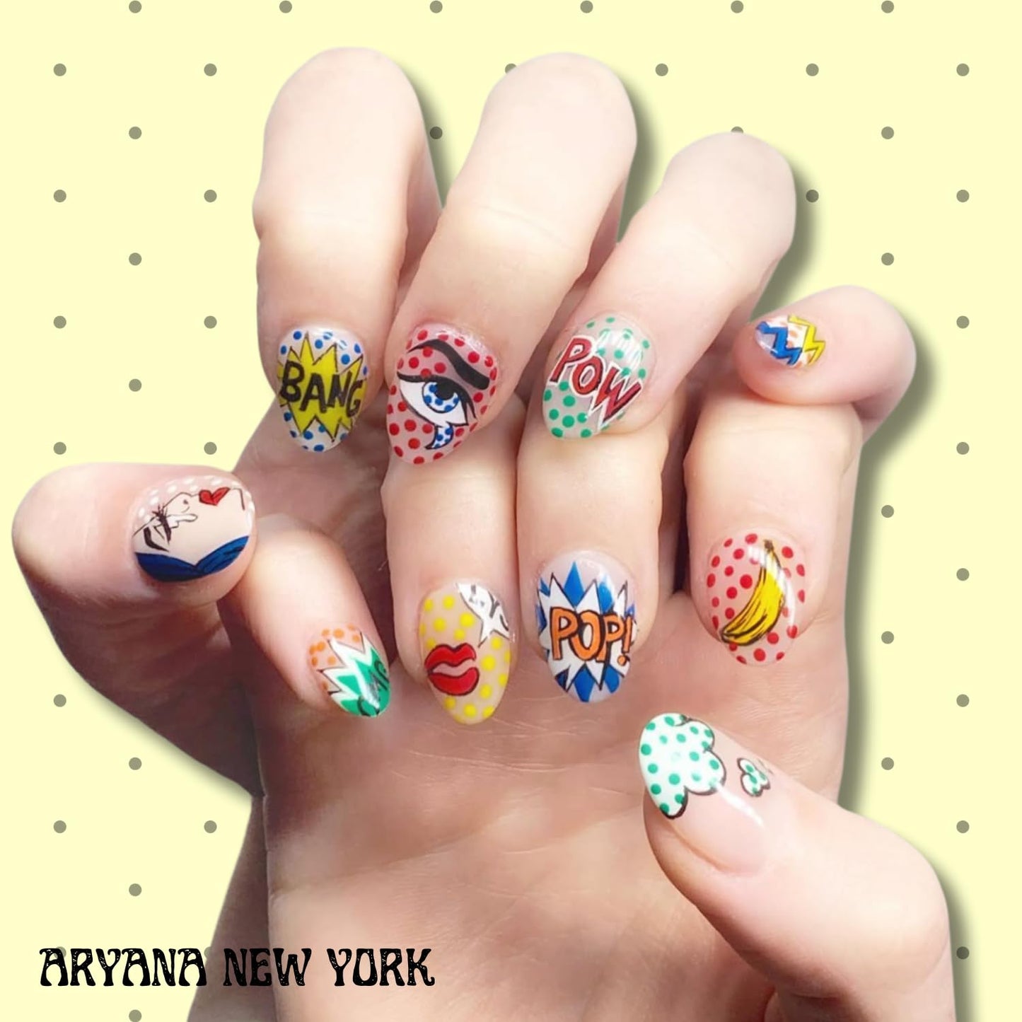 Handmade Press on Nails 3D Almond Fake Nails Clear Press on False Nails with Hand Painted Pop Art Design with French tips Fall Nails for Women 10 PCS Handcrafted - Pop Art Collection - (Small)