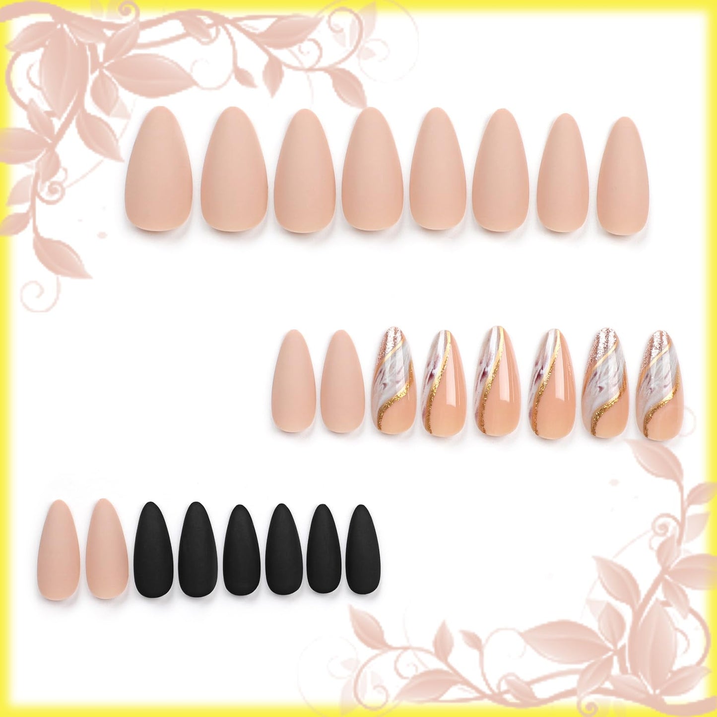 24-Piece Marble Press-On Nails, Curve Line Design, Glossy Brown Glitter, Sparkly Gold River Manicure Art, Almond Shaped, False Nails