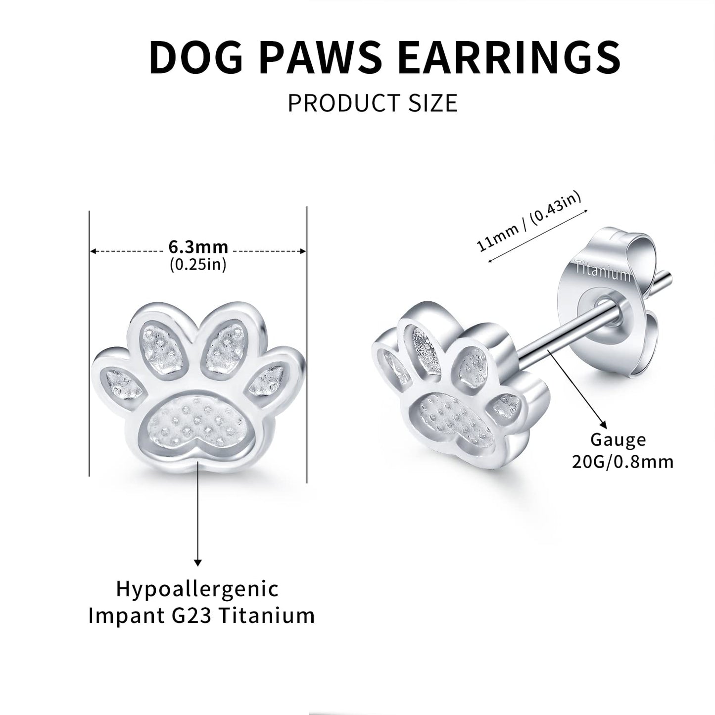 VOJO Implant Grade G23 Titanium Stud Earrings for Sensitive Ears Post Pierced Cartilage Lobe Earring Stud for Women (Silver Dog Paw)