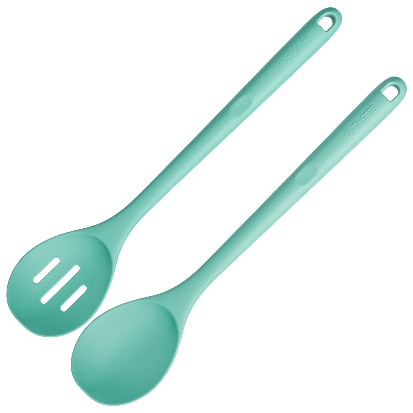 600ºF Heat Resistant Silicone Spoons: U-Taste 13.3in Solid & Slotted Kitchen Cooking Tool, Nonstick Long Rubber Utensil, Sturdy for Mixing, Serving, Stirring, Frying, Basting (Aqua Sky, 2PCS)