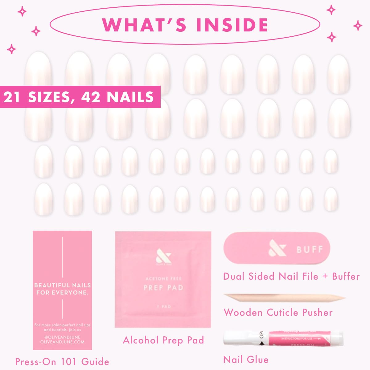 Olive & June Minimalist Instant Mani Press On Nails (Glue) | 42 Fake Nails, 21 Sizes | Non-Toxic, Long-Lasting Barely-There Look | Salon-Quality at Home | Medium, Oval | Pure White Syrup Gradient
