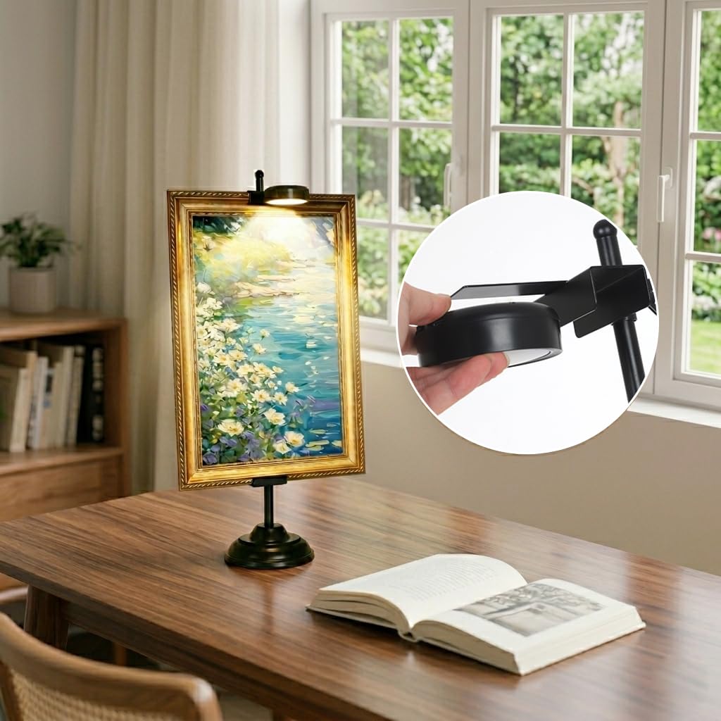 Adjustable Tabletop Easel Stand with Magnetic Wall Painting Light,Black Picture Frame Holder Stand Holds Picture Frames up to 29 Inch,Picture Easels for Display with Dimmable Frame Light (1 Pack)