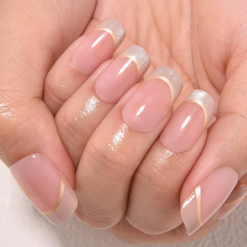 evpct French Tip Press On Nails Medium Squoval No Glue, Nude Pink Gold Line&Cat Eye Tips, Medium Squoval Fake False Press on Nails, Soft Stick on nail Press ons with Nail Kit, Reusable Salon-quality