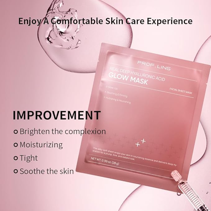 REAL DEEP HYALURONIC ACID GLOW MASK - Hydrating & Brightening Face Mask for Dry/Combination Dry Skin, Reduces Dullness & Fatigue, Camellia Fabric, 24H Moisturization