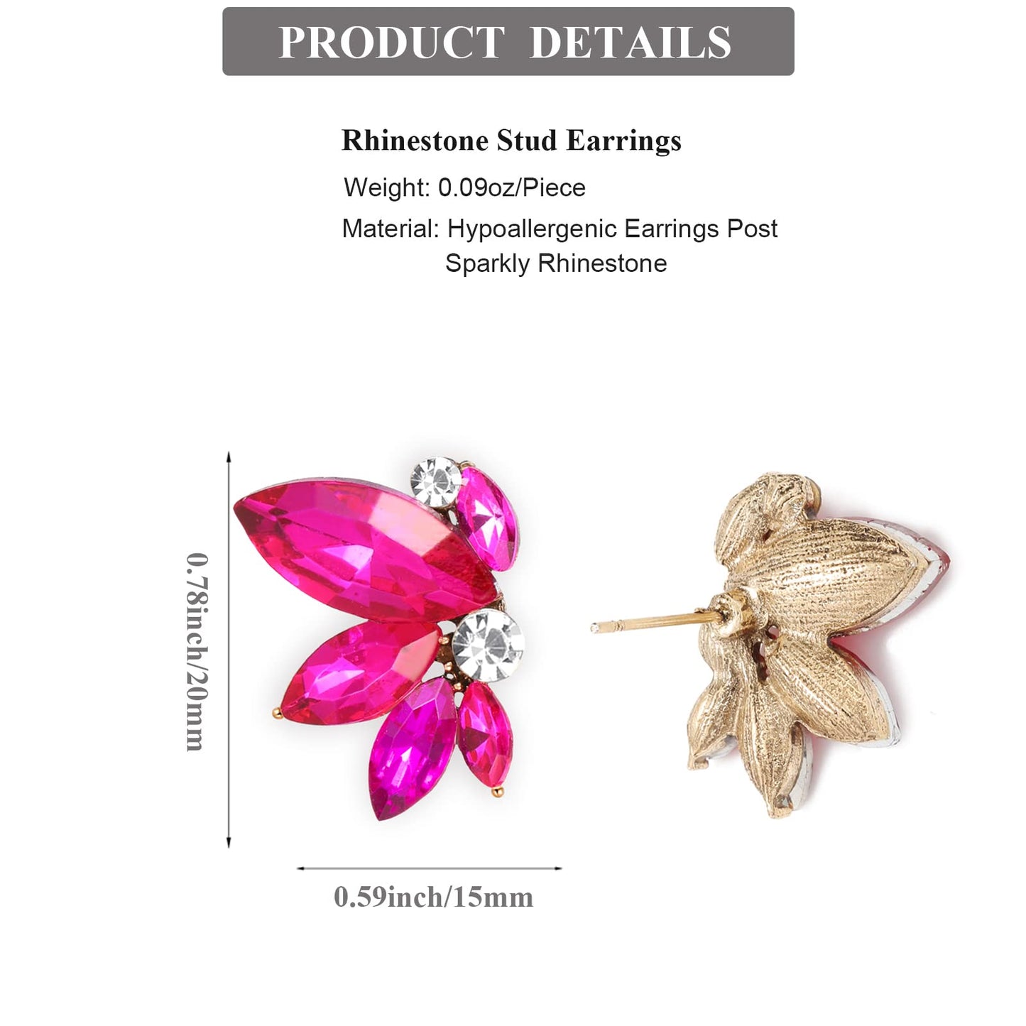 Hot Pink Rhinestone Earring Sparkly Fuchsia Faux Crystal Stud Earrings for Women Wedding Prom Party