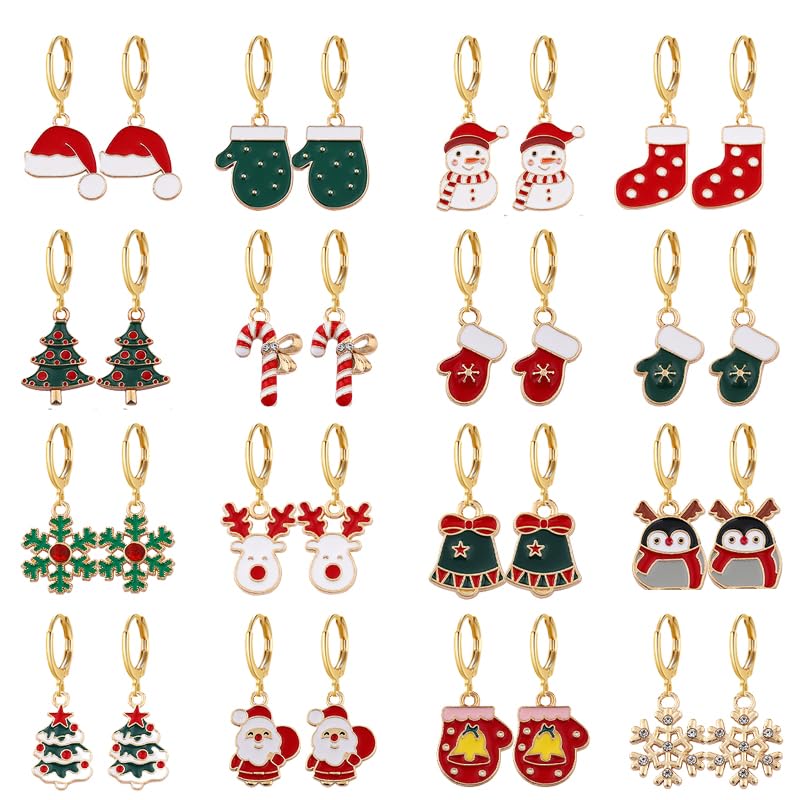 16 Pairs Christmas Reindeer Santa Hoop Earrings for Women Unique Winter Xmas Tree Snowflake Bow Bell Snowman Penguin Earrings Christmas New Year Jewelry Gifts - style: Hat