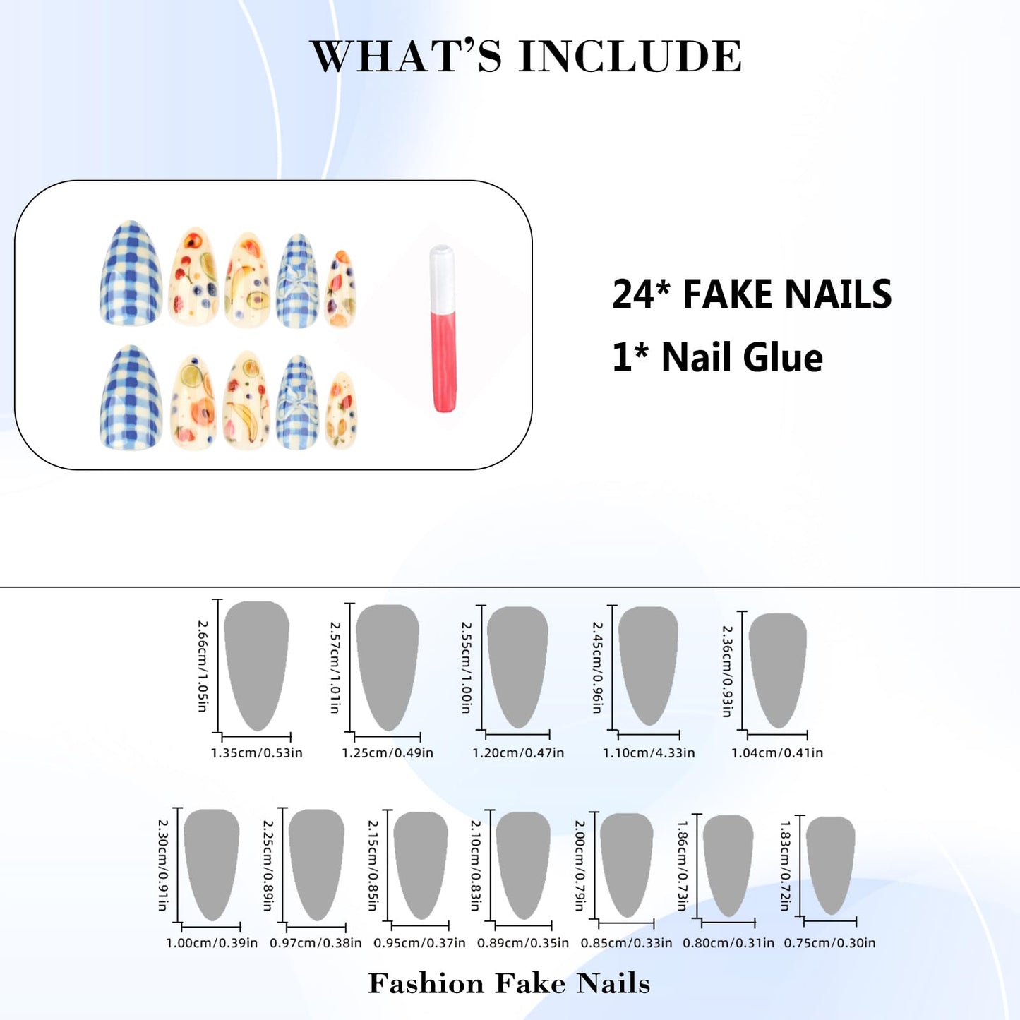 IMRAIN Almond Press on Nails Medium Fake Nails with Blue Plaid Designs Summer Cute Fruit Glossy Acrylic False Nails Full Cover Artificial Glue Stick on Nails for Women Girls