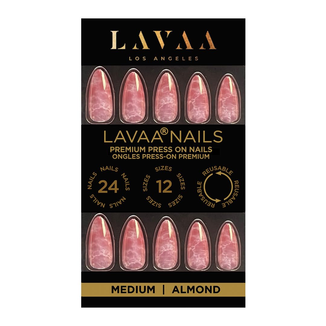 PINK MARBLE Press-On Nails by Lavaa Beauty | Medium Almond Press-On Nails | Pink Glossy Marble Nail Art