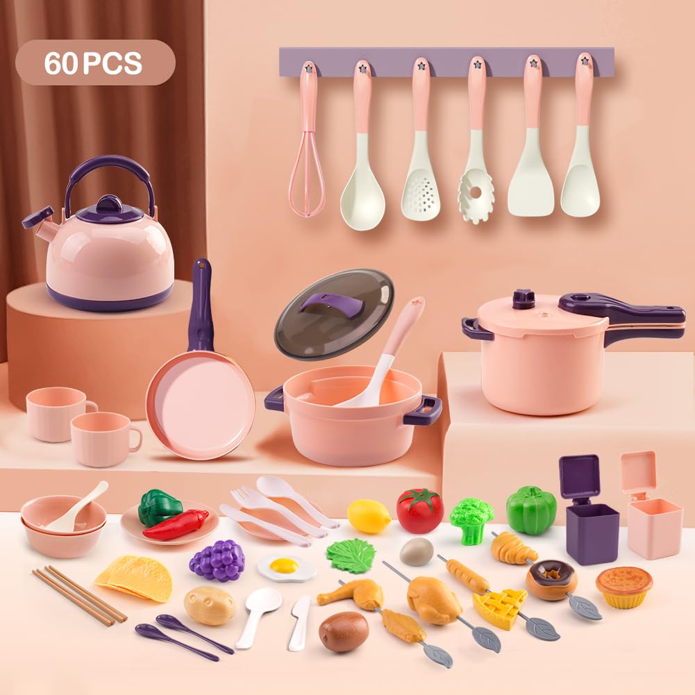 60Pcs Kids Mini Play Kitchen Accessories, Pretend Cooking Play Set with Cookware, Tableware & Fruit & BBQ Sets, Learning Gift for Boys, Girls, Toddlers,Pink