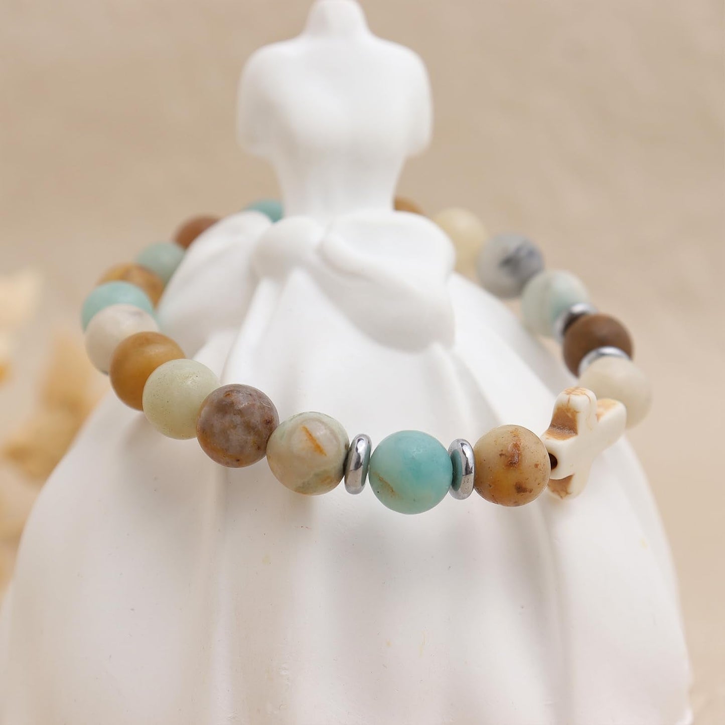 Frigotine Cross Amazonite Beaded Stretch Protection Bracelet for Woman, Handmade Healing Natural Stone Chakra Beads Elastic Bracelets Catholic Religious Accessories Fashion Jewelry Gift