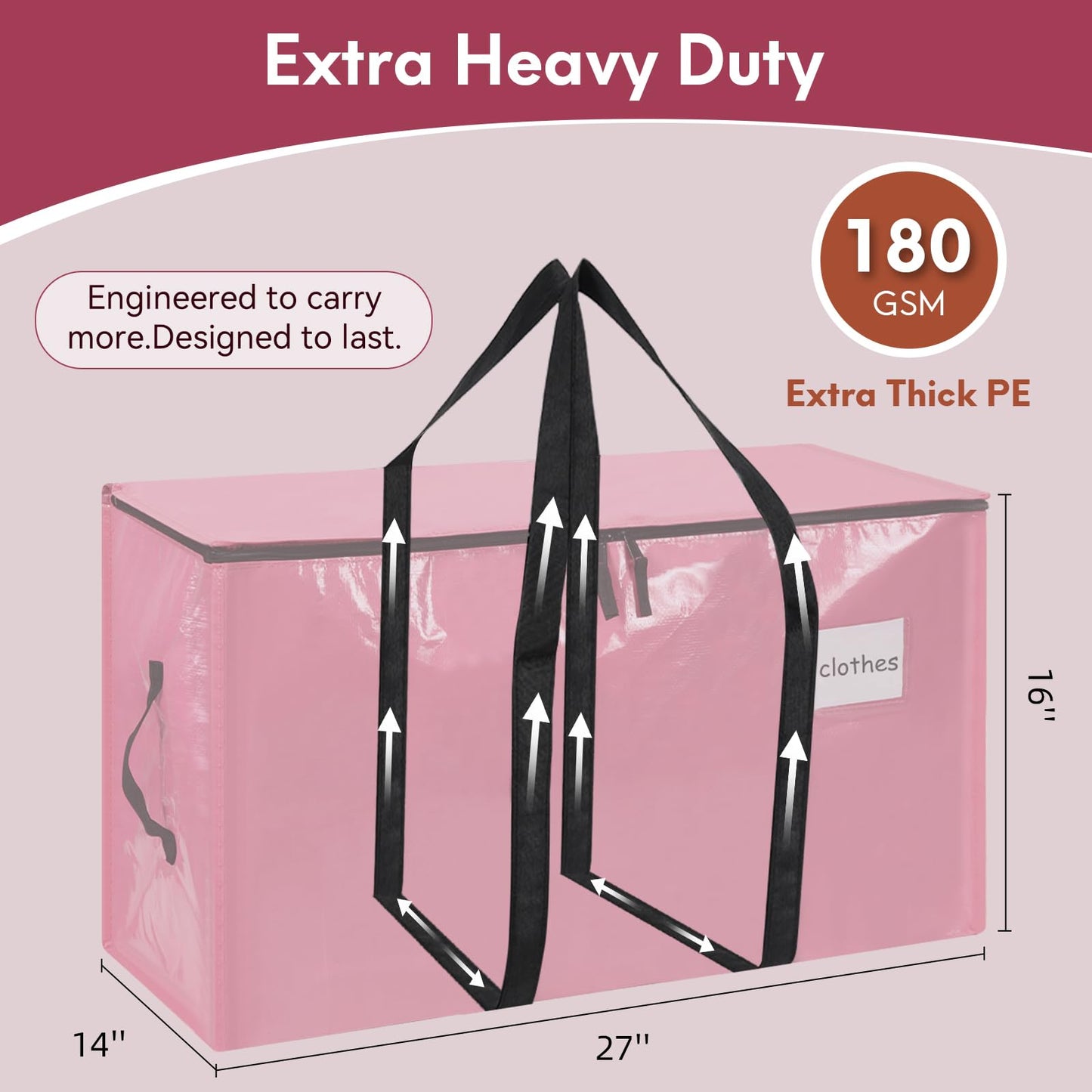 2-Pack Extra-Large Heavy-Duty Storage Totes with Reinforced Handles, Durable Zippers & Waterproof Material — Perfect for Space-Saving, Moving, Shipping and Travel (Pink)