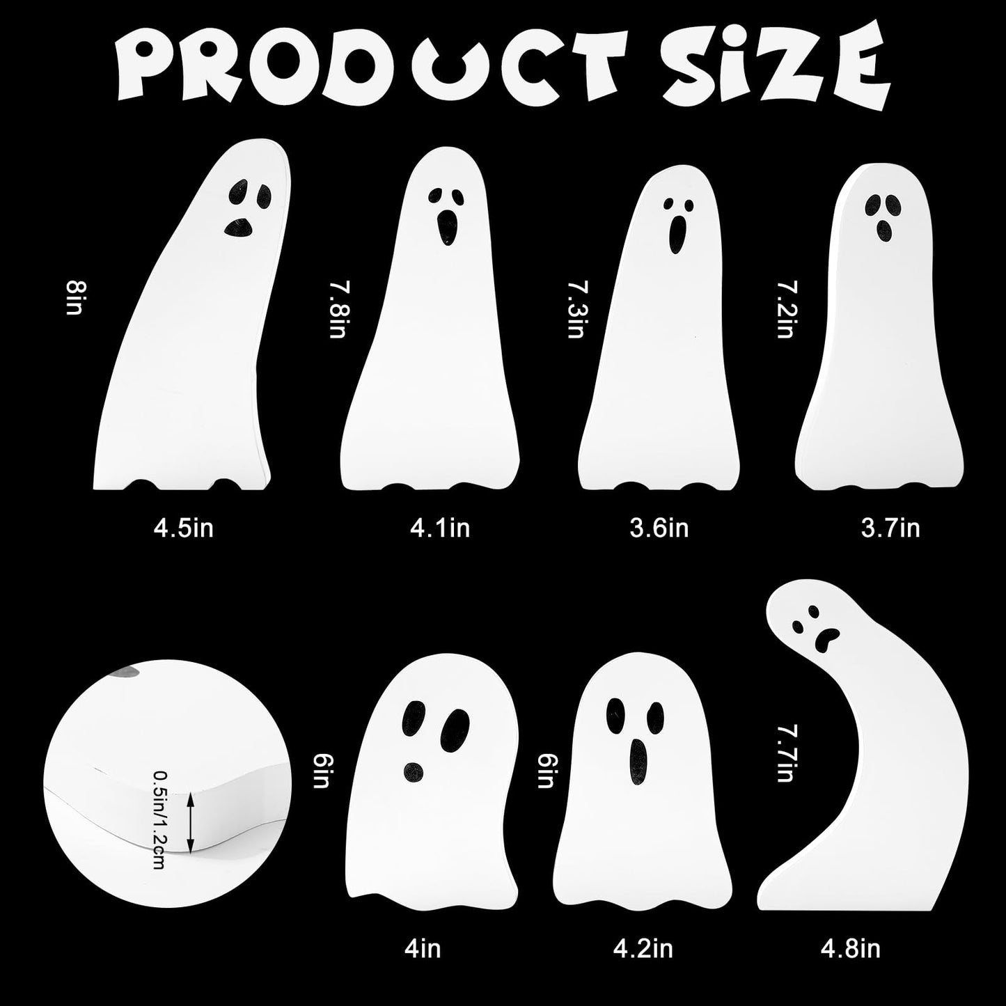 Whaline 7Pcs Halloween Wooden Table Signs Cute Ghost Shape Wooden Cutouts Rustic Tiered Tray Decor for Home Office School Desk Tabletop Decoration