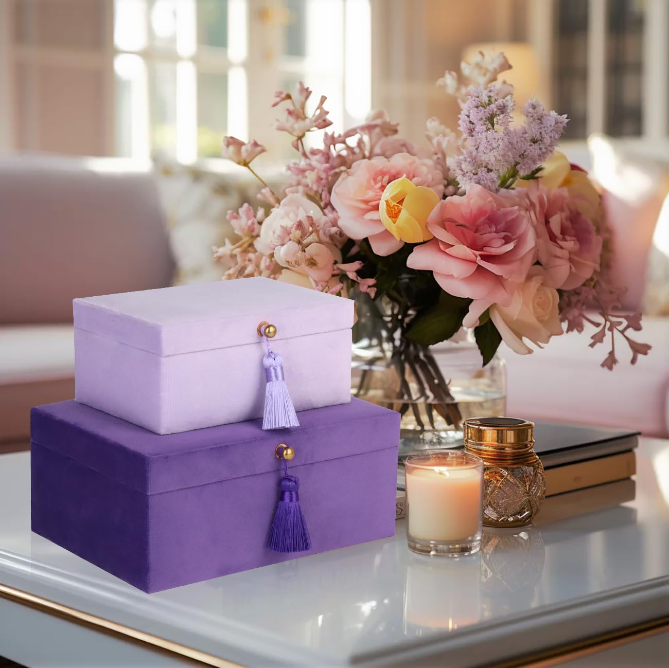 HofferRuffer Velvet Jewelry Boxes Decorative Boxes, Storage Accessory Organizer Boxes with Elegant Handle Decor, Classic Velvet Set of 2 Pieces (Purple)