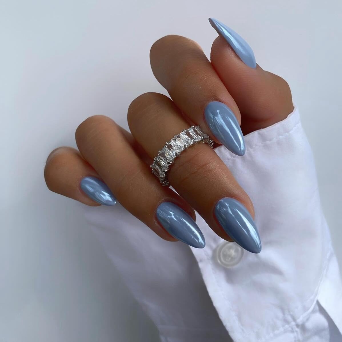 Baby Blue Press On Nails Almond - KQueenest Chrome Press On Nails Medium, Sparkle Fake Nails Press ons Glitter Glue on Nails Medium Stiletto with Glazed Finish, Stick On Nails for Women Wedding Wear