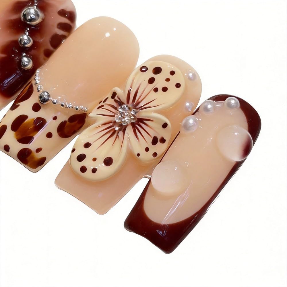 Vokupoga Medium Press on Nails Square Handmade Fake Nails French Tip False Nails with 3D Flower Pearl Designs Glossy Acrylic Nails for Women 10Pcs(Size M)