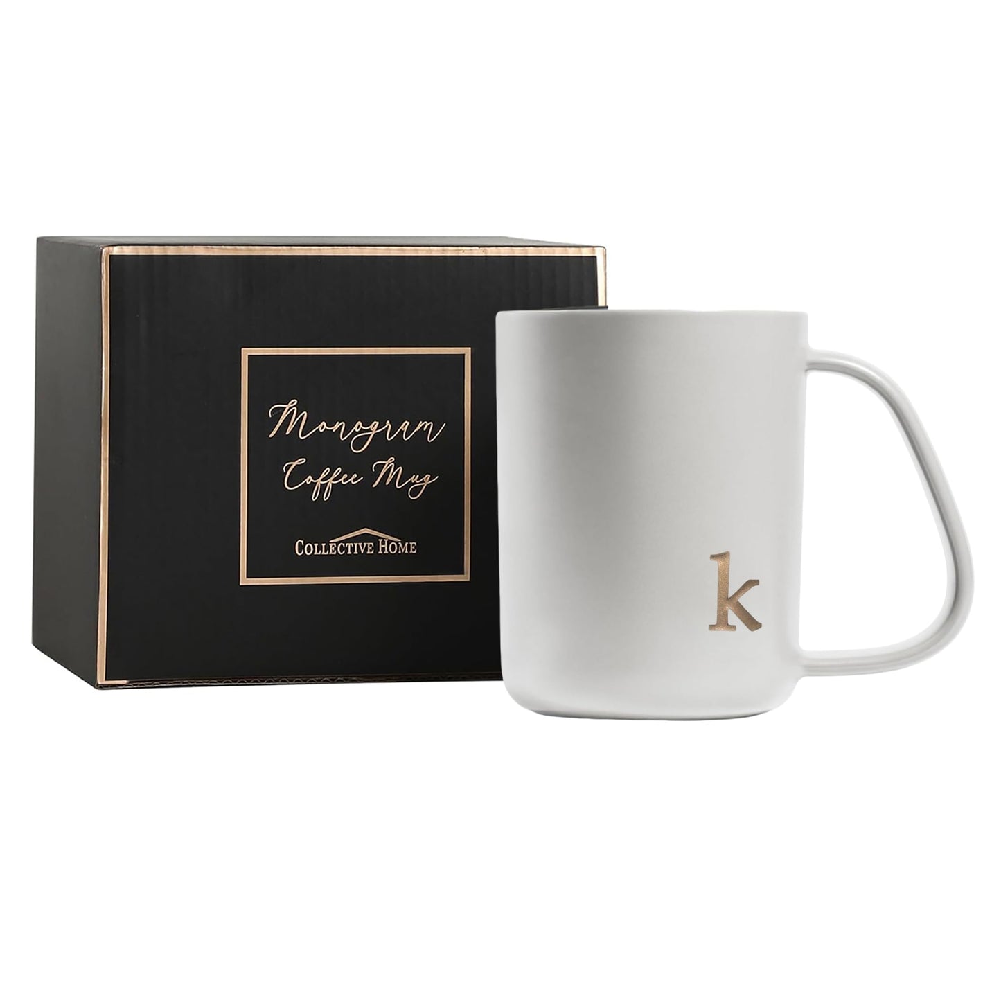 COLLECTIVE HOME - Ergonomic Handle Ceramic Mug, 15 oz Personalized Coffee Cup with Golden Initial, Microwave & Dishwasher Safe, Elegant Monogram Tea Mug in Gift Box for Home & Office (White-k)