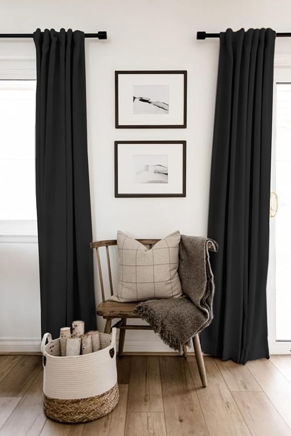 100% Blackout Shield Linen Blackout Curtains for Bedroom 63 Inches Long, Back Tab/Rod Pocket Living Room Drapes, Thermal Insulated Blackout Curtains 2 Panels Set, 50" W x 63" L, Black