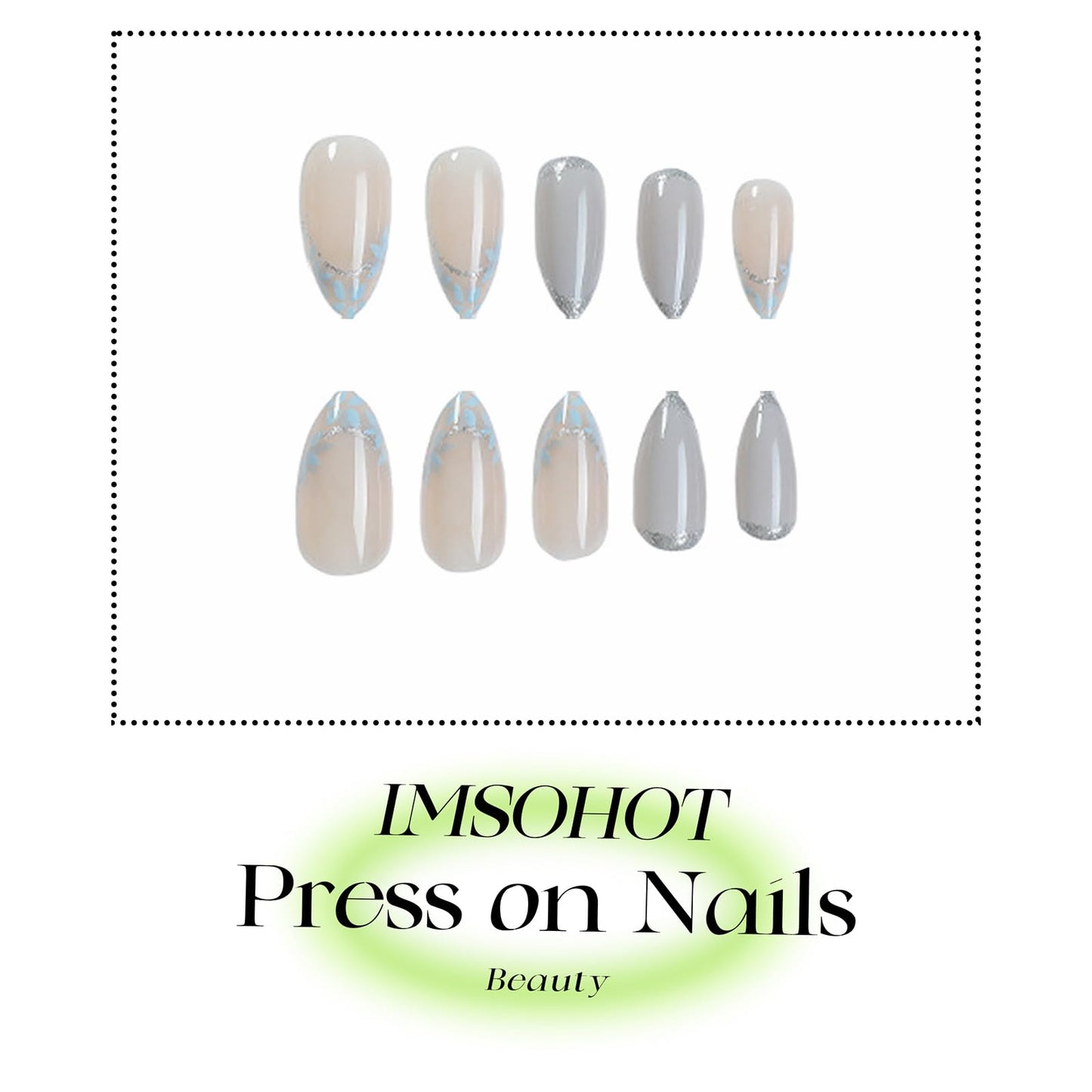 IMSOHOT Press on Nails - Gray Blue | Medium Almond Fake Nails, Glitter, Flower Glossy False Nails - Acrylic Gel Glossy Glue on Nails | 12 Sizes - 24 Nail Kit