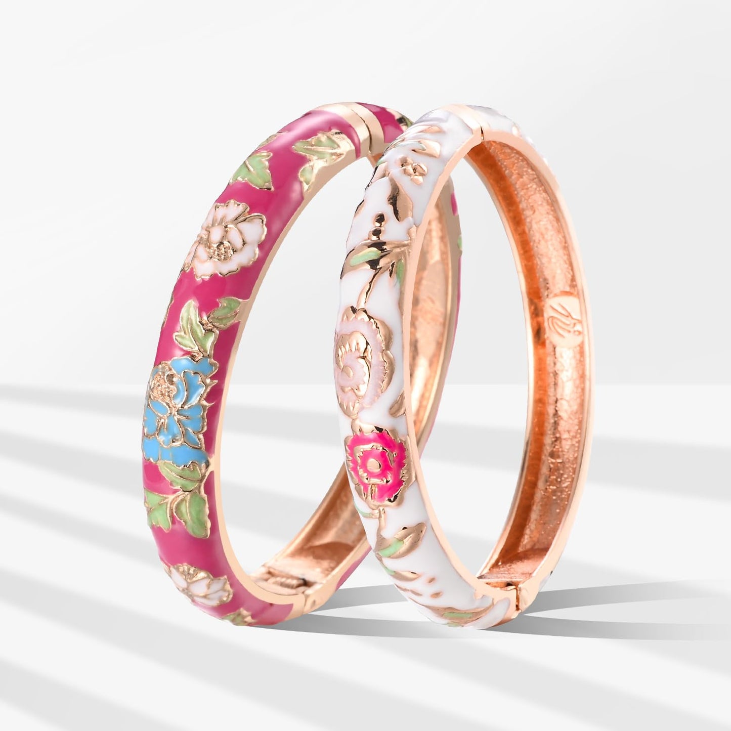 UJOY Fashion Cloisonne Bracelets Set Plated Enameled Jewelry Spring Hinged Metal Cuff Bangles Gift Box Packed 55A106-55A113 White Rose