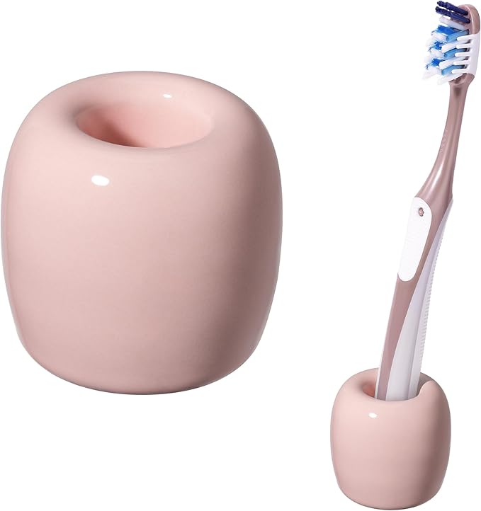 Urbanstrive Ceramic Toothbrush Holders for Bathrooms, Sleek Tooth Brush Holder Toothbrush Stand Tooth Brushing Holder, Portable Bathroom Accessories Organizer, Pink, 1 Pack