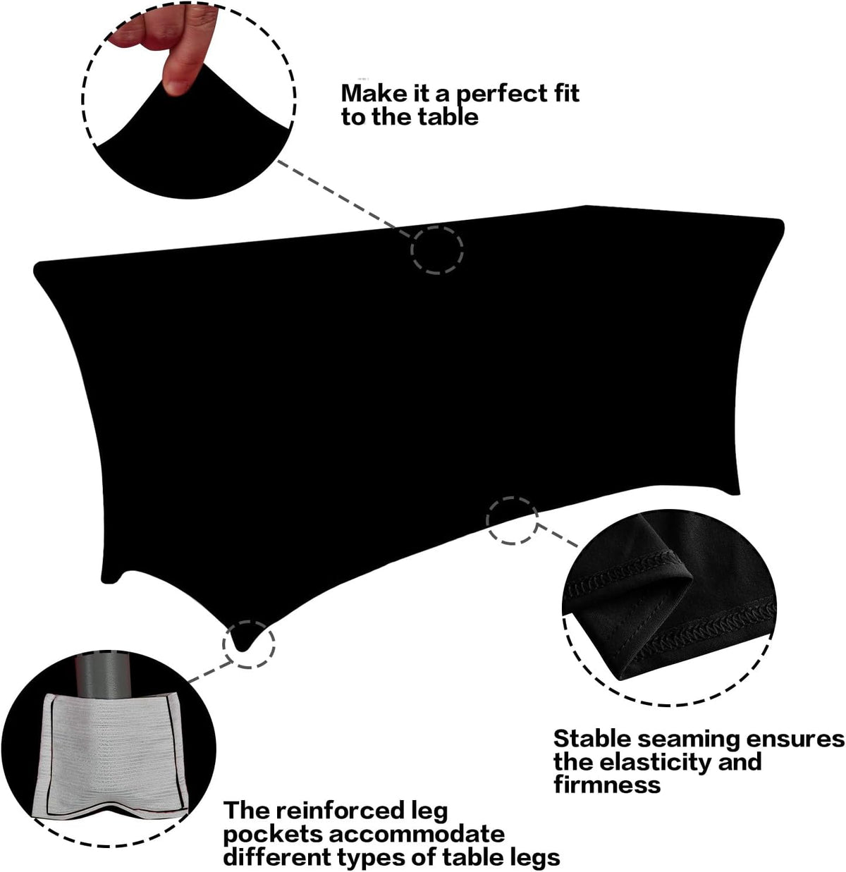 IVAPUPU 8FT Spring Table Cloth for Rectangular Fitted Events Stretch Black Table Covers Washable Cover Spandex Tablecloth Protector for Party, Wedding, Cocktail, Banquet, Festival