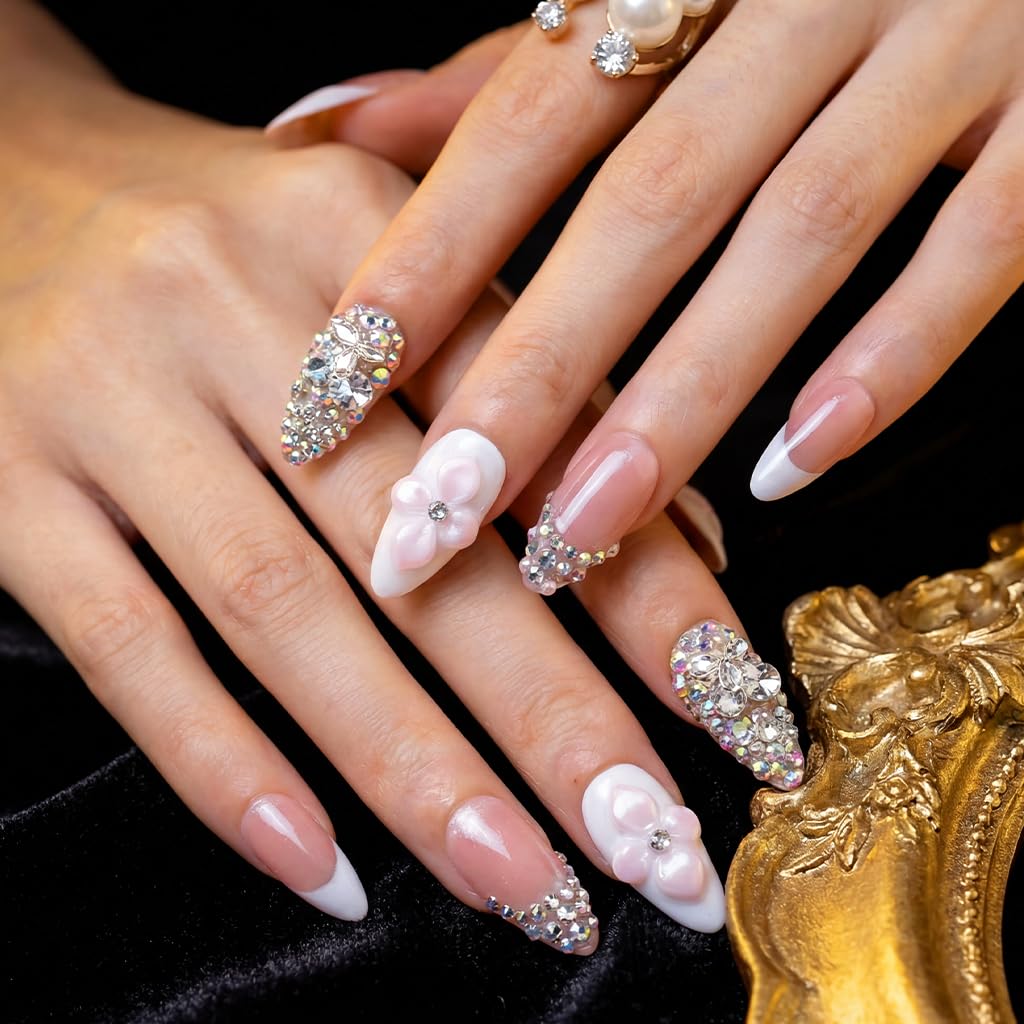 IntoVibes 10 Pieces Handmade Press On Nails Medium Almond, White Thickened False French Nails, Rhinestone And Flower, Reusable Fake Nails Almond, Reusable Acrylic Nails (M)