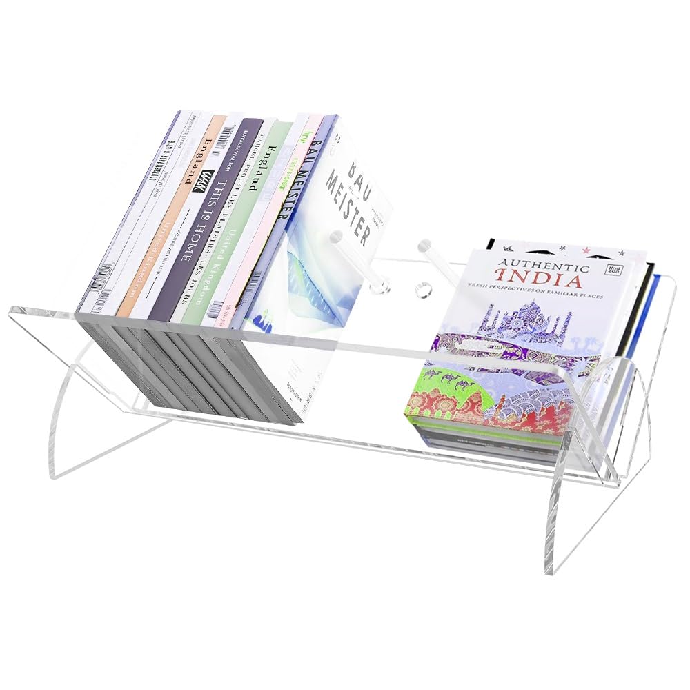 Picowe Acrylic Desktop Bookshelf, Transparent Tabletop Book Stand Organizer with Semi-Circular Base, Book Holder Display Rack for Books, CDs, Magazines