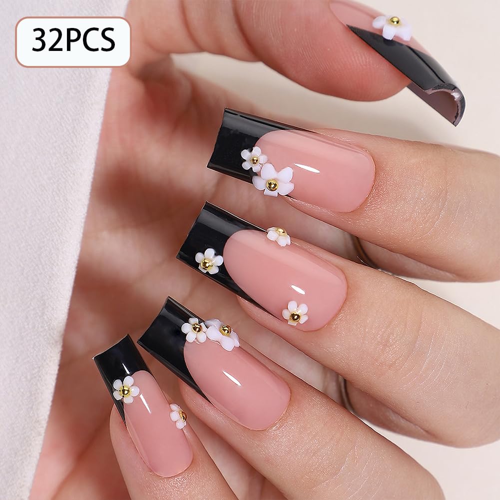 WAFOLOZE Black French Tip Press On Nails - Long Press On Nails Square Fake Nails with Small White Flowers, Artificial Nails 16 Sizes - 32Pcs False Nails Tips Kit, Stick On Nails for Women