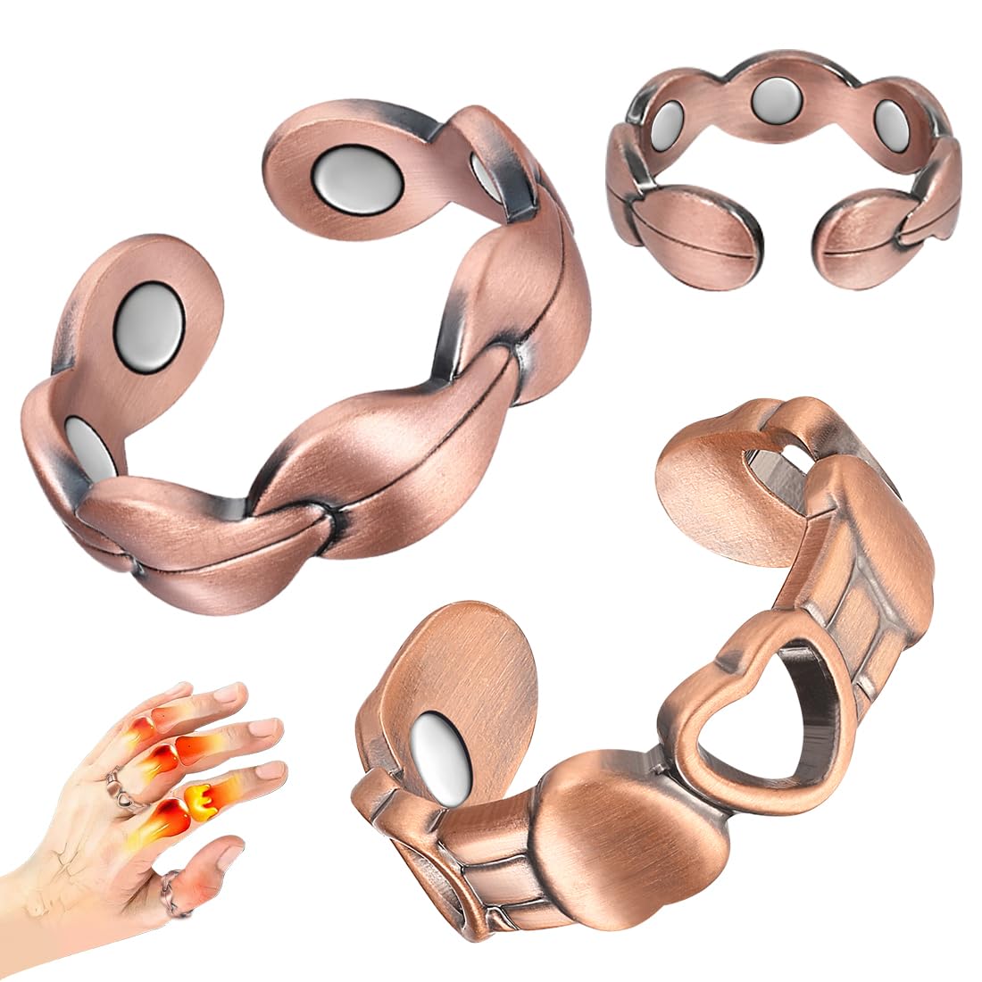 Vicmag 2PCS Magnetic Copper Rings for Women & Men,99.99% Pure Copper Ring with 9X Magnets Gift Adjustable(Leaf & Love)