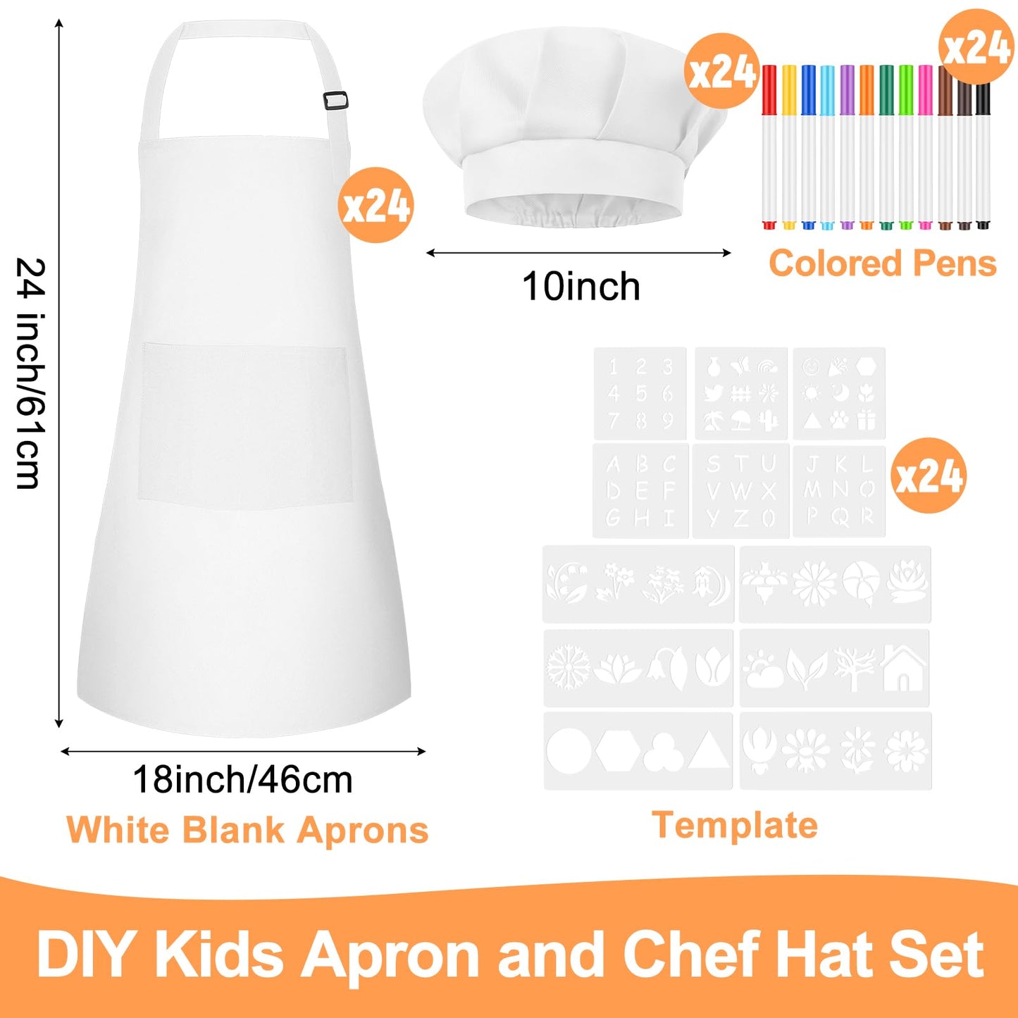 BOUBONI 12 Sets Kids Apron and Chef Hat Set Adjustable Toddler Apron with Colored Pen Template for Baking Painting Crafts