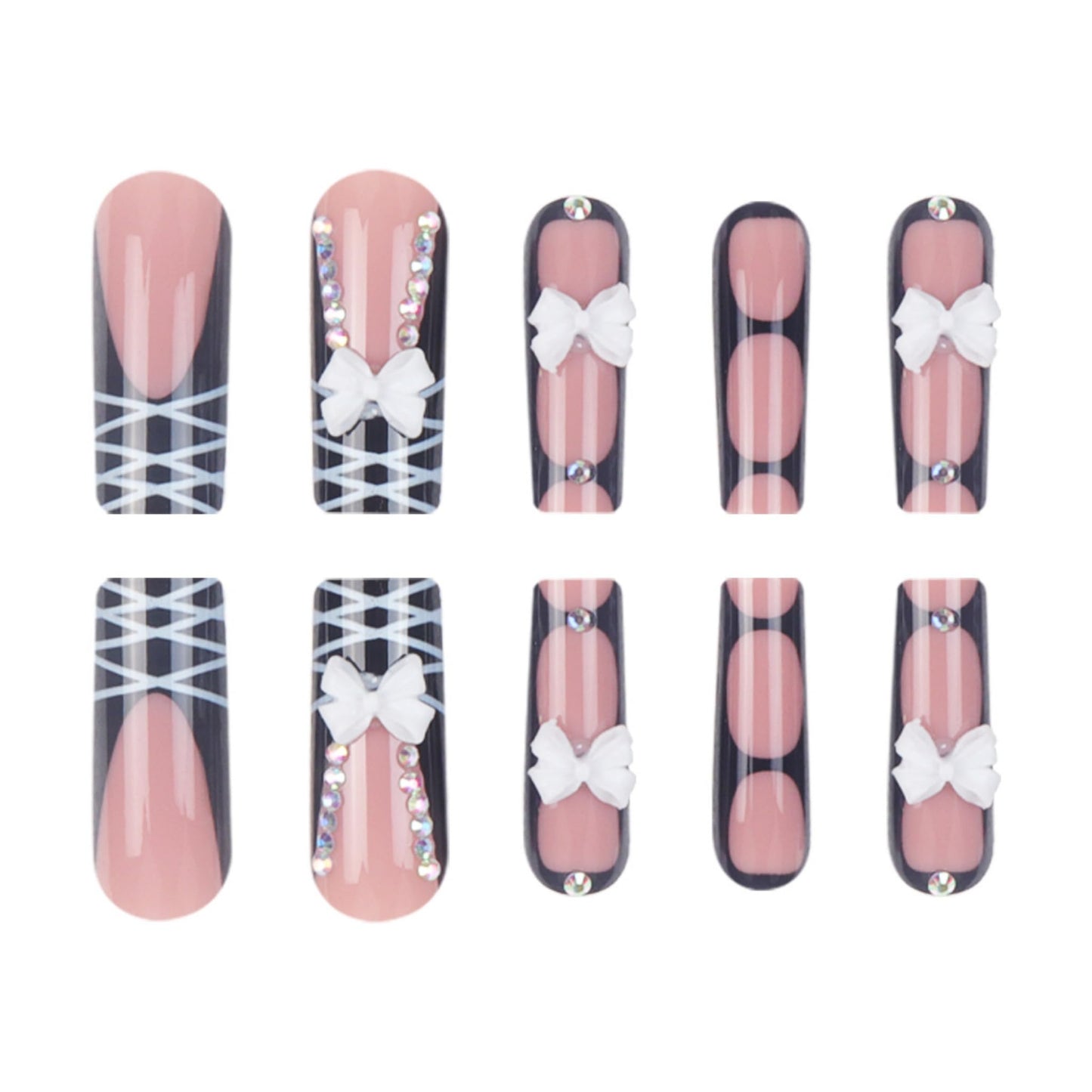 SEENEEY Long Press on Nails Square Fake Nails Black Artificial Nail White Bow Stick on Nail for Women 24pcs