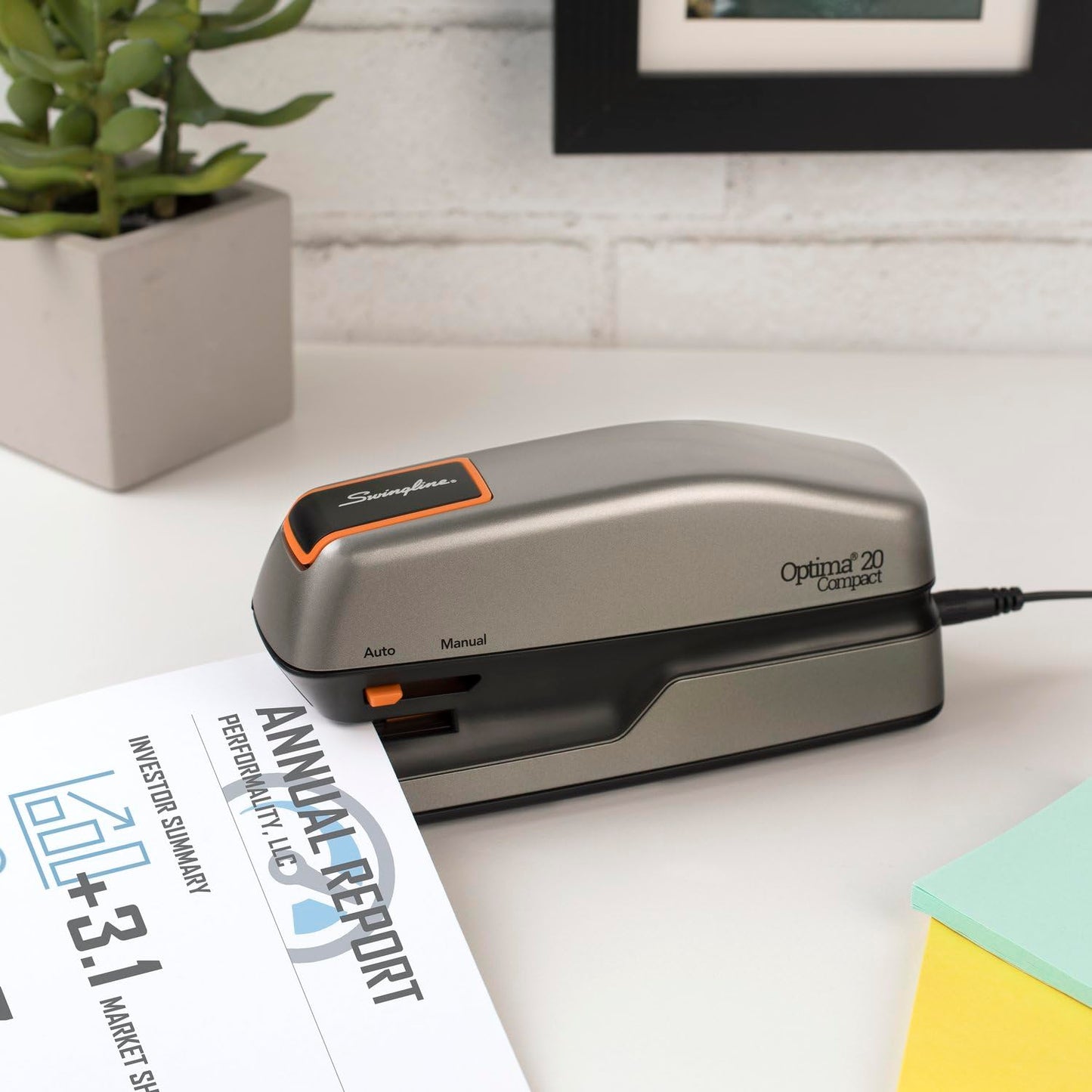 Swingline Electric Stapler, 20 Sheet Capacity, Optima 20, Jam Free, Compact, Automatic or Manual, Plug In or Battery, Orange and Gray (48207)