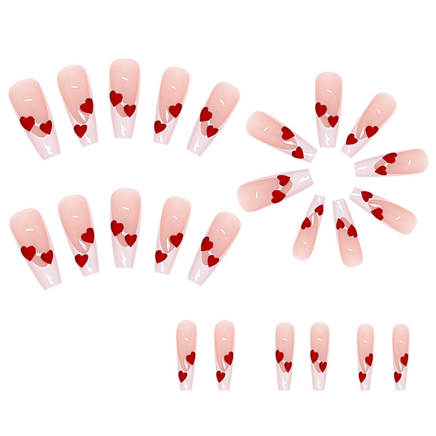 Vezocim Valentine Press on Nails Coffin Long French Tips Glossy Full Cover Acrylic Square Fake Nails with Red Heart Designs Extra Long False Nails Glue Stick on Fingernails with Charm for Women